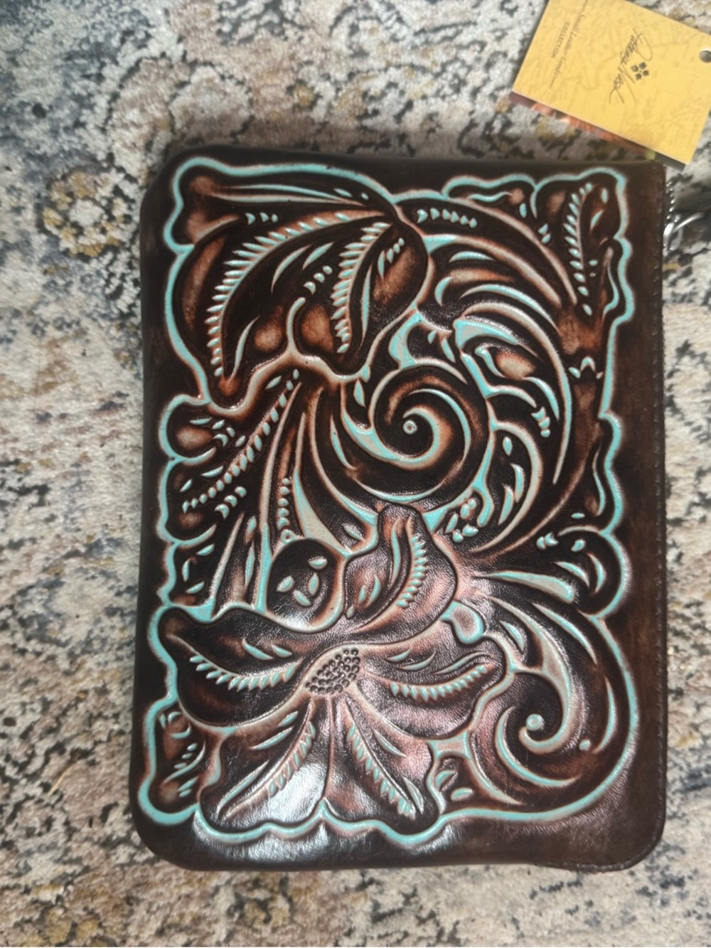 Patricia Nash Brown Tooled Leather Clutch with Turquoise Accent